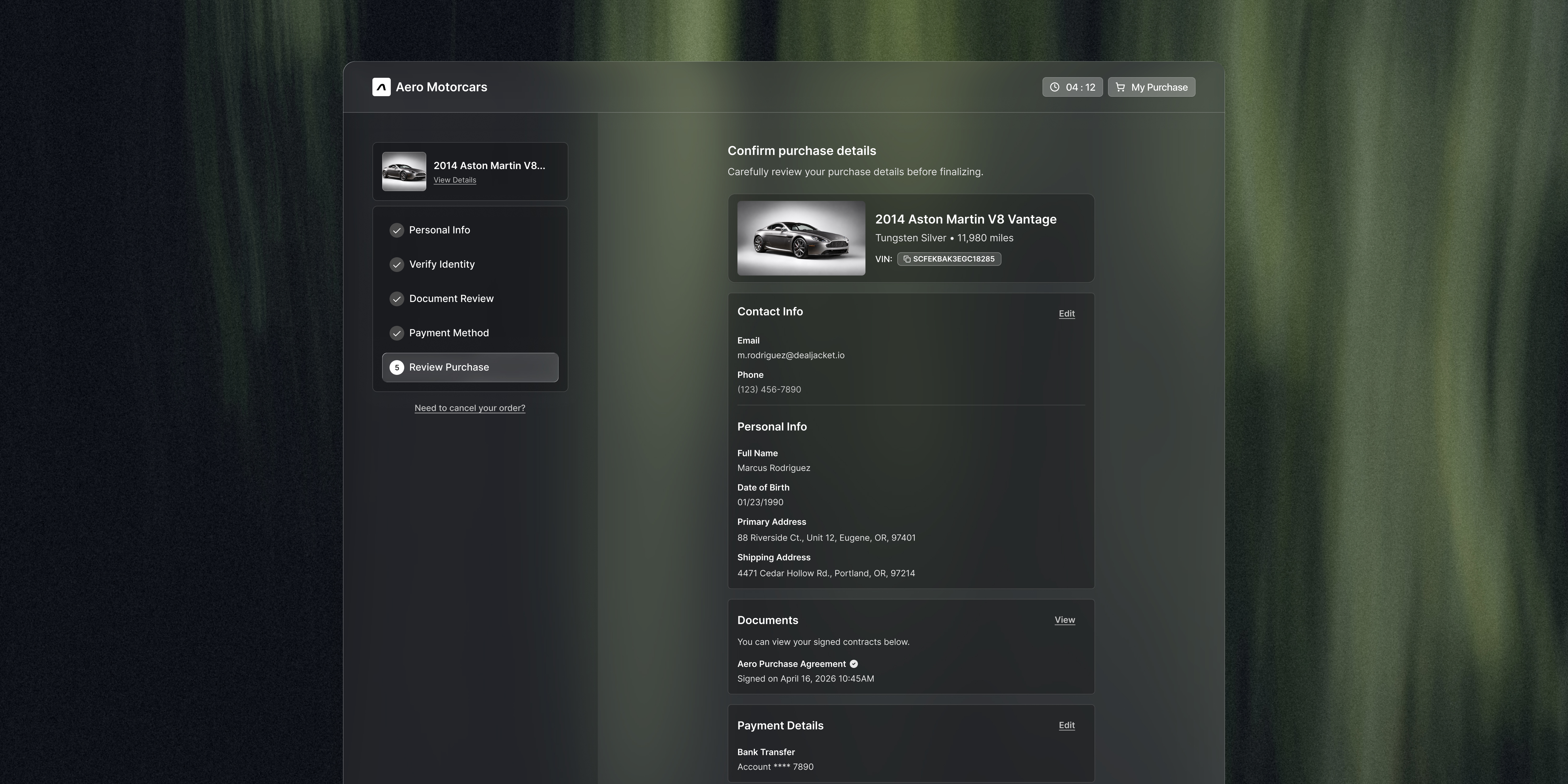 Dealjacket desktop checkout — Aero Motorcars review purchase screen