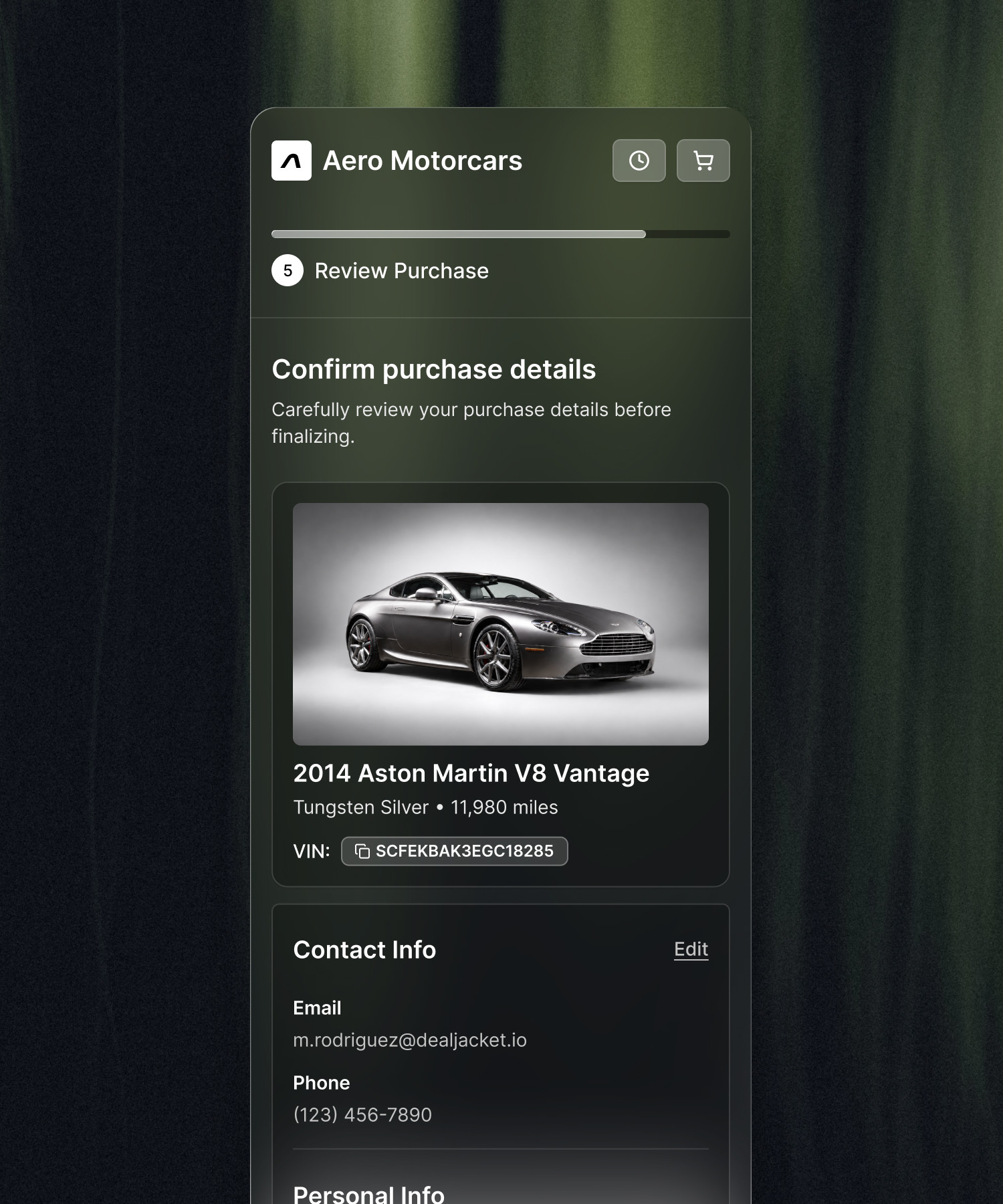 Dealjacket mobile checkout — Aero Motorcars review purchase screen
