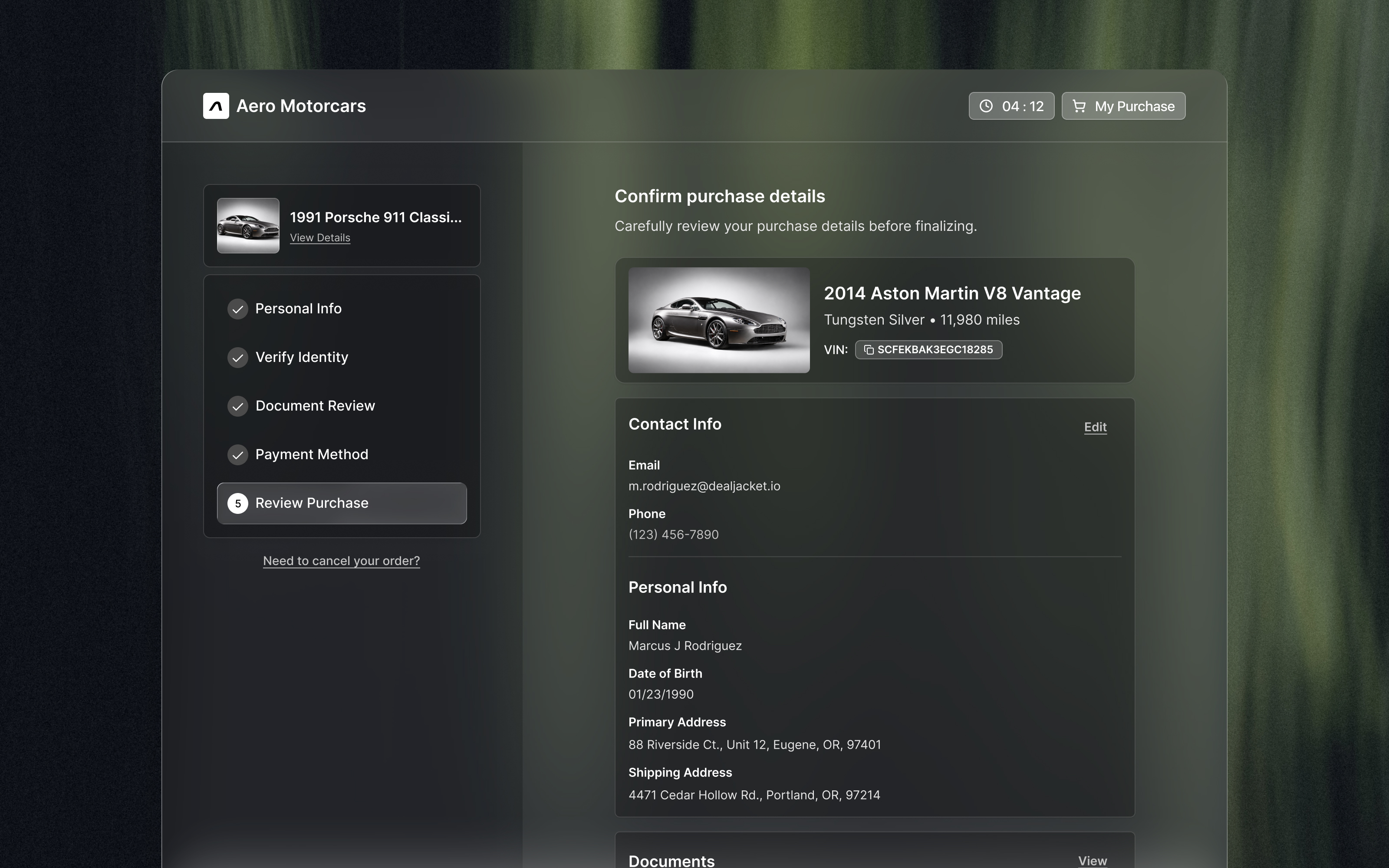 Dealjacket tablet checkout — Aero Motorcars review purchase screen
