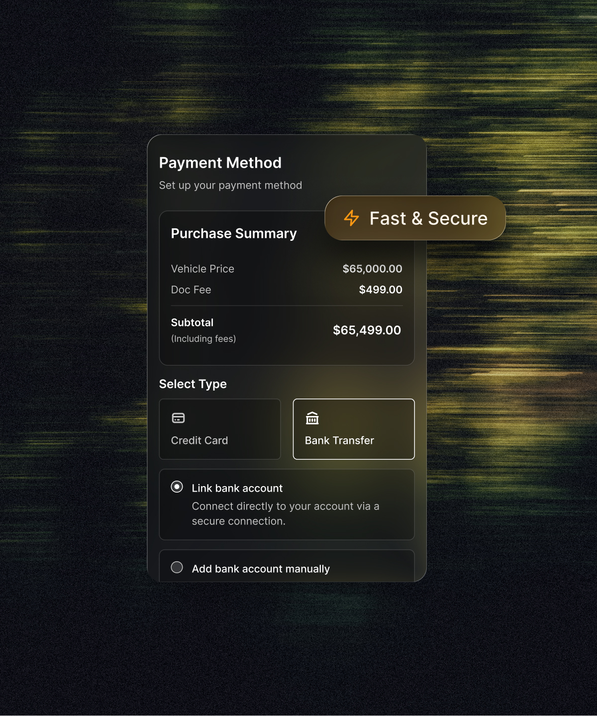 Dealjacket Payment Method screen — purchase summary for an $89,995 vehicle with bank transfer selected for ACH.