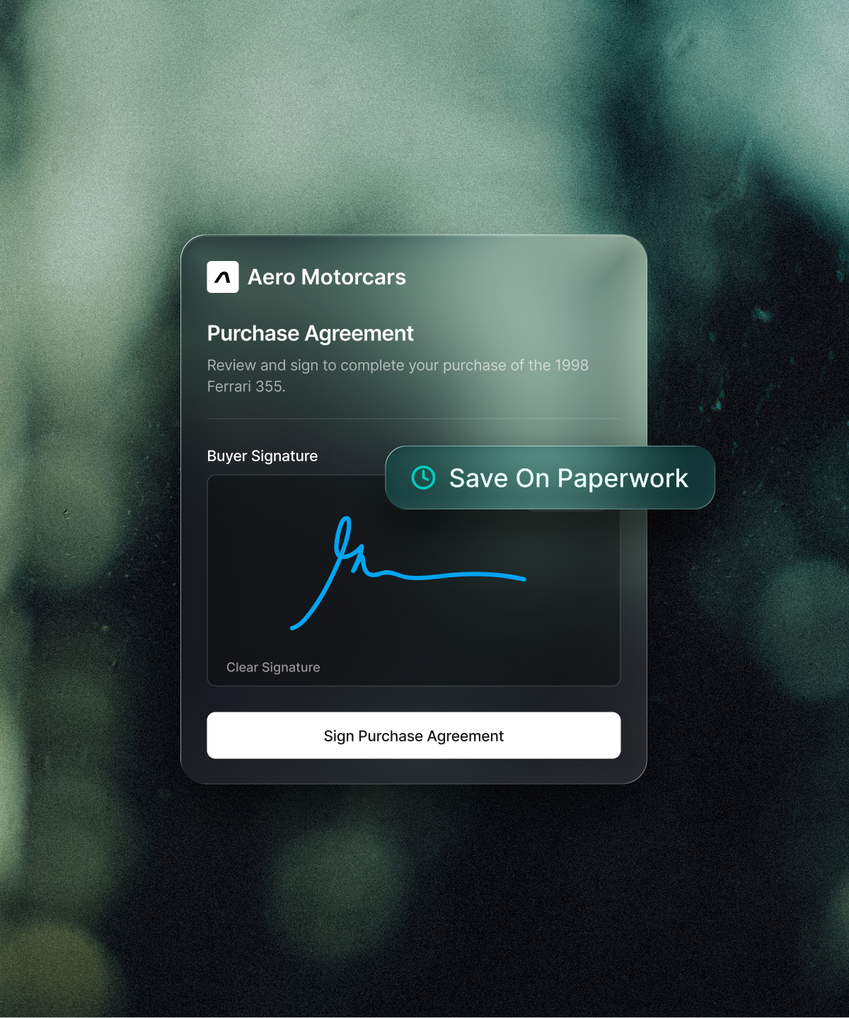 Aero Motorcars Purchase Agreement — signature pad with a hand-drawn signature and a Save Hours On Signatures badge.