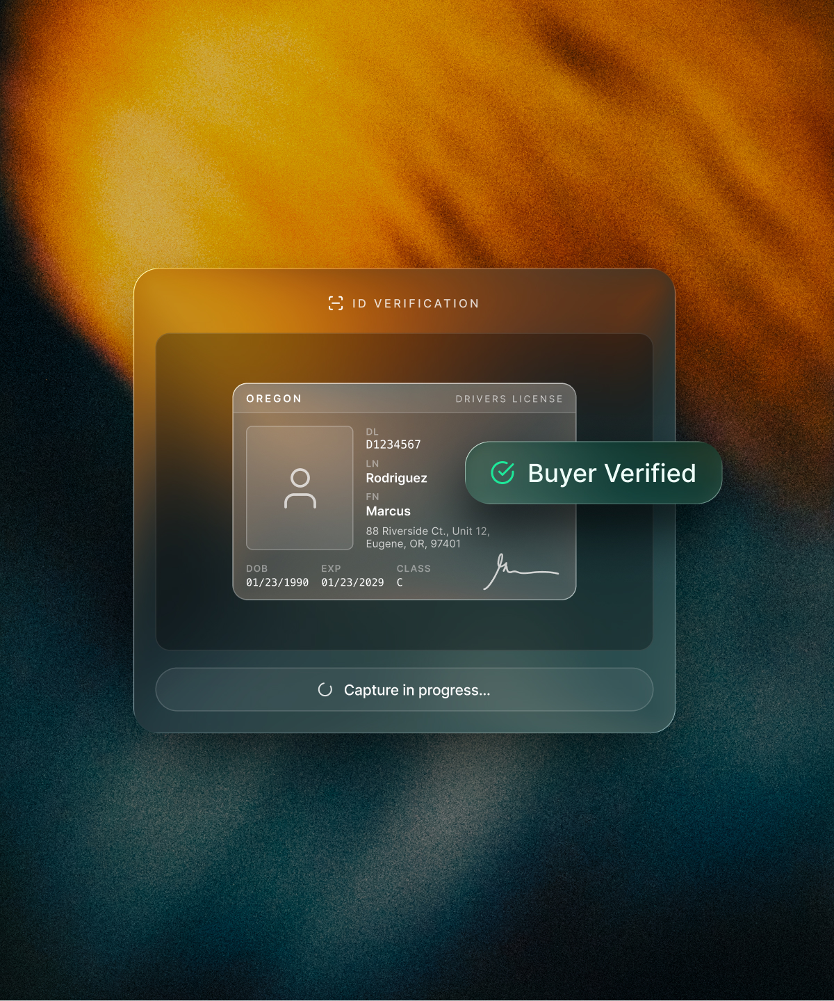 Dealjacket ID Verification — California driver's license being captured, with a Verified Buyer badge.